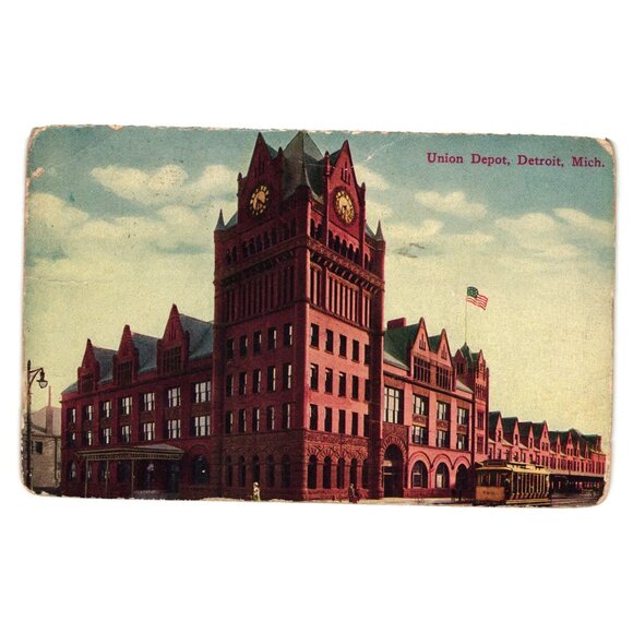Vintage 1911 Union Depot Detroit MI Postcard Mailed 1 Cent Green Stamp Historic - Picture 1 of 2